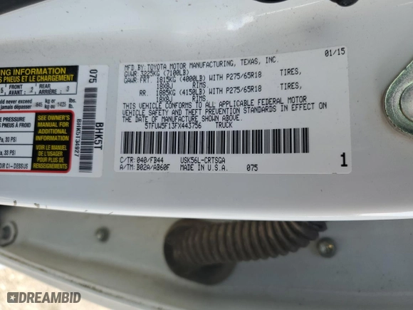 2015 Toyota Tundra 4WD Truck SR with VIN 5TFUW5F13FX443756, listed as a Copart auction lot 85118844 with 157,814 mi miles and Salvage Title. Bid and sale history available at carsss.com. Image 12.