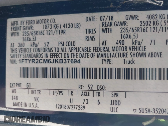 2018 Ford Transit with VIN 1FTYR2CM6JKB37694, listed as a IAAI auction lot 41830500 with 43,320 mi miles. Bid and sale history available at carsss.com. Image 9.