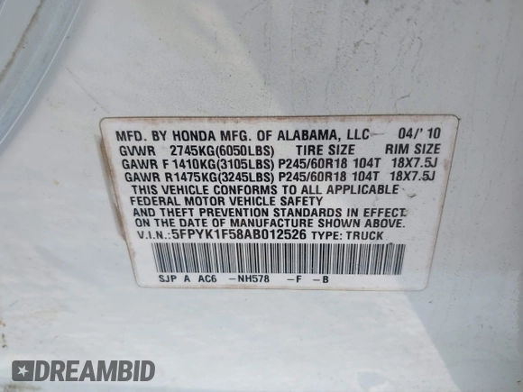 2010 Honda Ridgeline RTL with VIN 5FPYK1F58AB012526, listed as a IAAI auction lot 42421618 with 258,727 mi miles and . Bid and sale history available at DreamBid. Image 9.