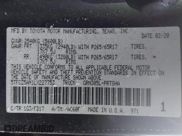 2020 Toyota Tacoma SR5 with VIN 5TFCZ5AN1LX227753, listed as a IAAI auction lot 41543939 with 35,860 mi miles and . Bid and sale history available at DreamBid. Image 9.