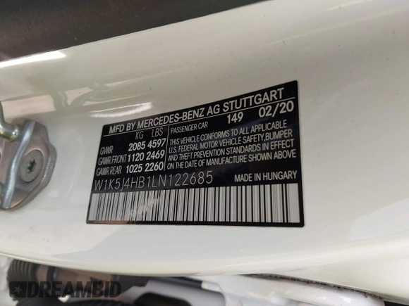2020 Mercedes-Benz CLA 250 with VIN W1K5J4HB1LN122685, listed as a IAAI auction lot 42435026 with 52,184 mi miles and . Bid and sale history available at DreamBid. Image 9.