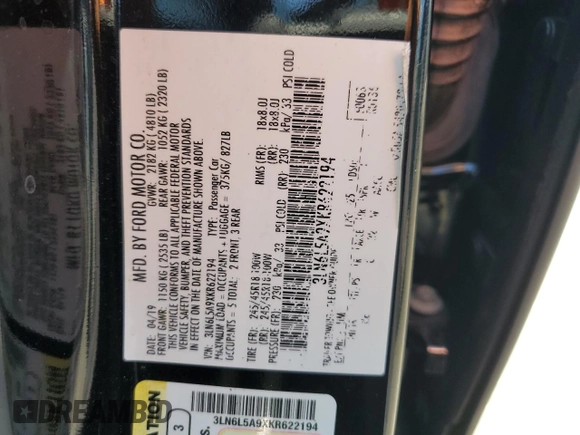 2019 Lincoln MKZ Standard with VIN 3LN6L5A9XKR622194, listed as a Copart auction lot 57318355 with 66,335 mi miles and Non repairable. Bid and sale history available at DreamBid. Image 12.