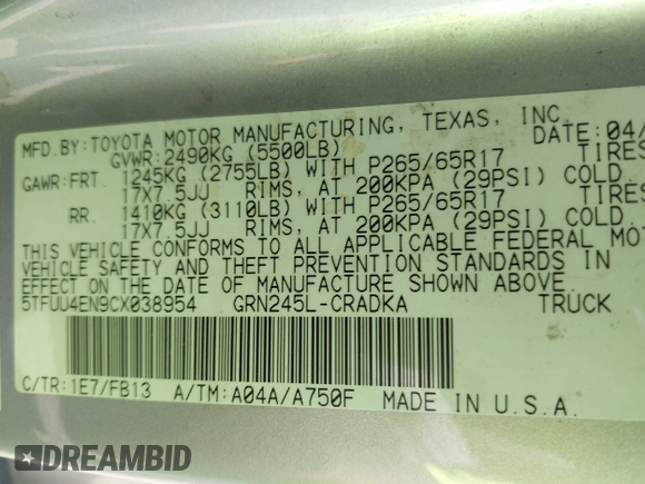 2012 Toyota Tacoma with VIN 5TFUU4EN9CX038954, listed as a IAAI auction lot 42022296 with 140,009 mi miles. Bid and sale history available at carsss.com. Image 9.