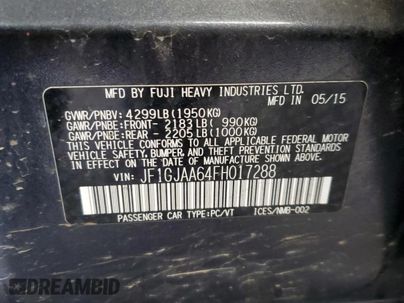2015 Subaru Impreza z VIN JF1GJAA64FH017288, wystawiony jako Copart lot #52889065 z przebiegiem 52 643 mil mil oraz Szkoda całkowita • Salvage title. Historia ofert i sprzedaży dostępna na DreamBid. Obrazek 13.