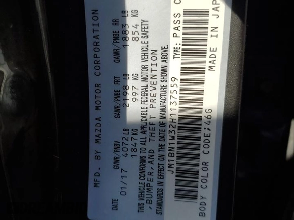 2017 Mazda 3 Grand Touring with VIN JM1BN1W32H1137559, listed as a Copart auction lot 65687494 with 116,091 mi miles and Salvage Title. Bid and sale history available at DreamBid. Image 14.