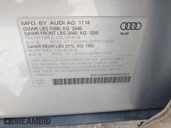 2015 Audi Q5 Premium Plus z VIN WA1LFAFP3FA069364, wystawiony jako IAAI lot #42364101 z przebiegiem 93 936 mil mil oraz . Historia ofert i sprzedaży dostępna na DreamBid. Obrazek 9.