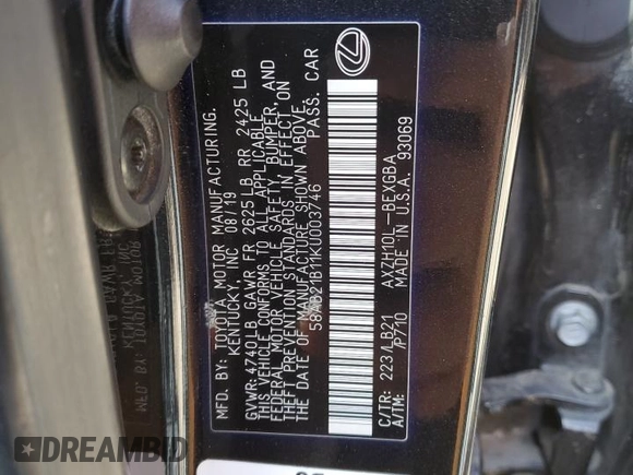 2019 Lexus ES 300h z VIN 58AB21B11KU003746, wystawiony jako Copart lot #53684735 z przebiegiem 260 469 mil mil oraz Szkoda całkowita • Salvage title. Historia ofert i sprzedaży dostępna na DreamBid. Obrazek 13.