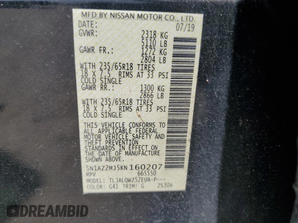 2019 Nissan Murano SV z VIN 5N1AZ2MJ5KN160207, wystawiony jako Copart lot #53182485 z przebiegiem 57 309 mil mil oraz Szkoda całkowita • Salvage title. Historia ofert i sprzedaży dostępna na DreamBid. Obrazek 15.