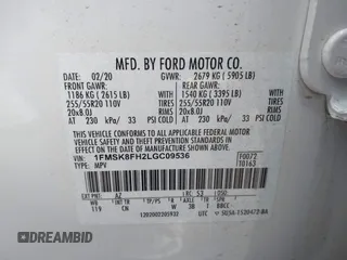2020 Ford Explorer Limited with VIN 1FMSK8FH2LGC09536, listed as a IAAI auction lot 41147488 with 39,206 mi miles. Bid and sale history available at carsss.com. Image 9.