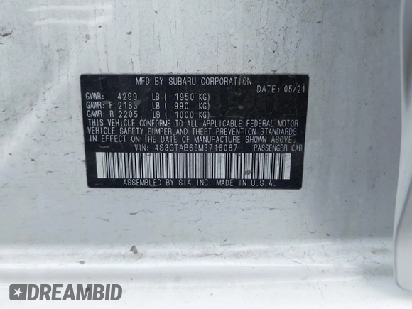 2021 Subaru Impreza с VIN 4S3GTAB69M3716087, выставлен на аукционе IAAI как лот 41078913 с пробегом 36 484 миль миль и . История ставок и продаж доступна на DreamBid. Изображение 9.