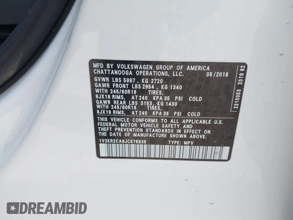 2018 Volkswagen Atlas SE с VIN 1V2KR2CA6JC576835, выставлен на аукционе IAAI как лот 42174916 с пробегом 153 322 миль миль и . История ставок и продаж доступна на DreamBid. Изображение 9.