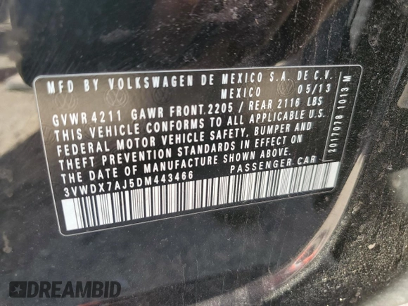 2013 Volkswagen Jetta SE with VIN 3VWDX7AJ5DM443466, listed as a Copart auction lot 56181425 with 131,557 mi miles and Salvage title. Bid and sale history available at DreamBid. Image 12.