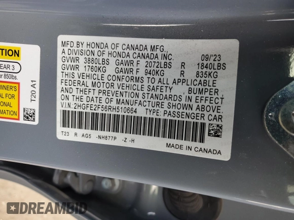 2024 Honda Civic Sedan Sport with VIN 2HGFE2F56RH510664, listed as a Copart auction lot 44701195 with 23,504 mi miles and Salvage Title. Bid and sale history available at carsss.com. Image 13.