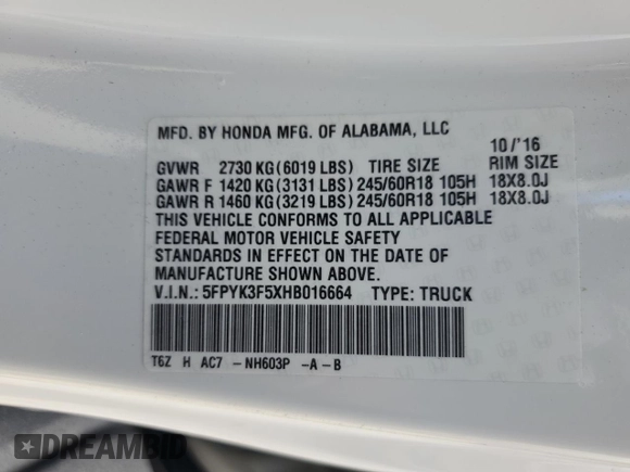 2017 Honda Ridgeline RTL with VIN 5FPYK3F5XHB016664, listed as a Copart auction lot 62394505 with 93,408 mi miles and Clean title. Bid and sale history available at DreamBid. Image 12.