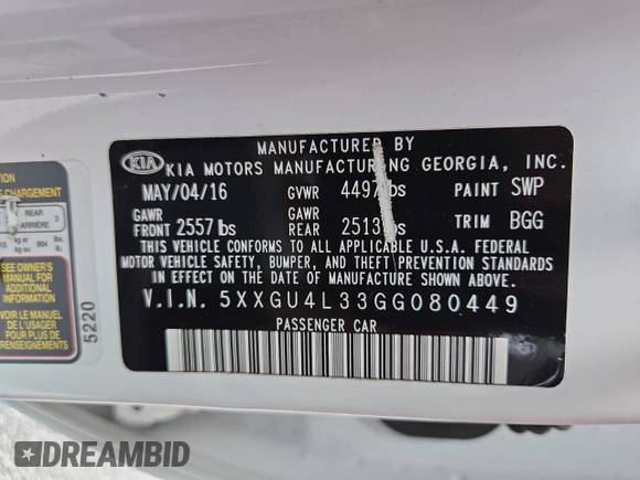 2016 Kia Optima EX with VIN 5XXGU4L33GG080449, listed as a Copart auction lot 61627205 with 154,294 mi miles and Clean title. Bid and sale history available at DreamBid. Image 10.