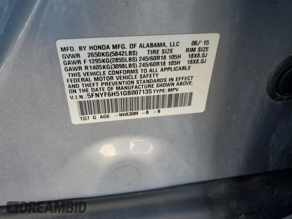 2016 Honda Pilot EX-L with VIN 5FNYF6H51GB007135, listed as a Copart auction lot 52606045 with 99,622 mi miles and Salvage Title. Bid and sale history available at DreamBid. Image 15.