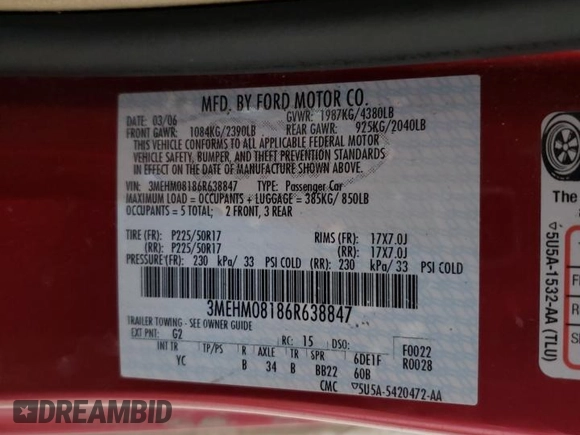 2006 Mercury Milan Premier z VIN 3MEHM08186R638847, wystawiony jako Copart lot #45564125 z przebiegiem 167 485 mil mil oraz Szkoda całkowita • Salvage title. Historia ofert i sprzedaży dostępna na DreamBid. Obrazek 14.