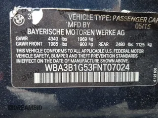 2015 BMW 3 Series 320i with VIN WBA3B1G53FNT07024, listed as a IAAI auction lot 41730253 with 66,684 mi miles. Bid and sale history available at carsss.com. Image 9.