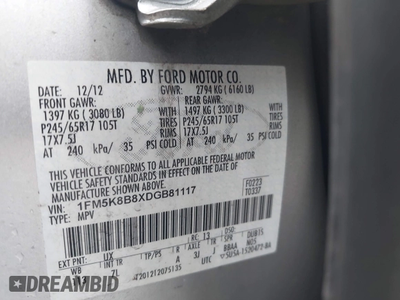 2013 Ford Explorer with VIN 1FM5K8B8XDGB81117, listed as a IAAI auction lot 42157303 with 108,354 mi miles and . Bid and sale history available at DreamBid. Image 9.