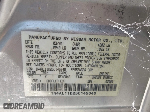 2005 Nissan Altima S with VIN 1N4AL11D25C145040, listed as a IAAI auction lot 42645678 with 166,281 mi miles and . Bid and sale history available at DreamBid. Image 9.