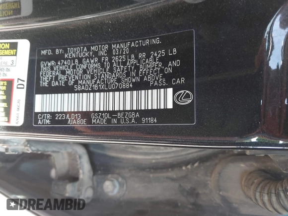 2020 Lexus ES with VIN 58ADZ1B1XLU070884, listed as a IAAI auction lot 41795531 with 76,483 mi miles. Bid and sale history available at carsss.com. Image 9.