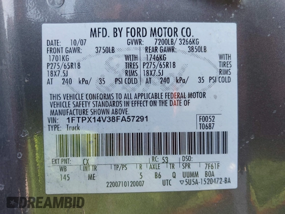 2008 Ford F-150 XLT z VIN 1FTPX14V38FA57291, wystawiony jako IAAI lot #41290111 z przebiegiem 189 010 mil mil oraz . Historia ofert i sprzedaży dostępna na DreamBid. Obrazek 9.