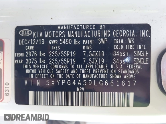 2020 Kia Sorento LX V6 with VIN 5XYPG4A59LG661617, listed as a IAAI auction lot 41279414 with 148,845 mi miles. Bid and sale history available at carsss.com. Image 9.