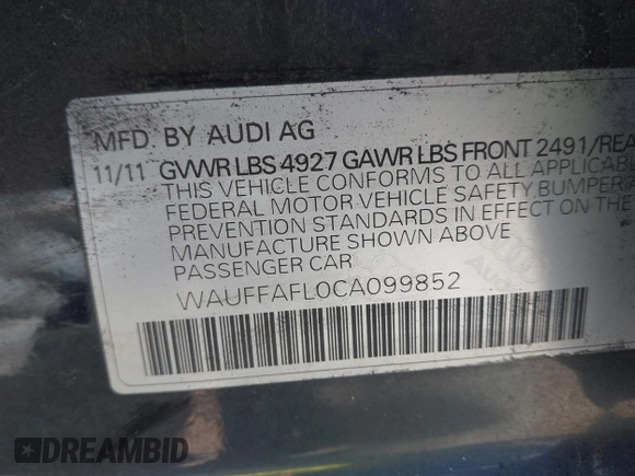 2012 Audi A4 2.0T Premium Plus with VIN WAUFFAFL0CA099852, listed as a IAAI auction lot 42008359 with 187,069 mi miles. Bid and sale history available at carsss.com. Image 9.