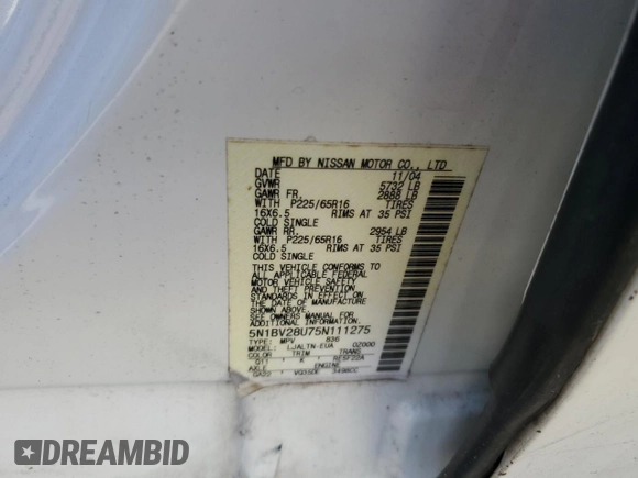 2005 Nissan Quest SE with VIN 5N1BV28U75N111275, listed as a Copart auction lot 88287365 with 0 mi miles and Salvage Title. Bid and sale history available at carsss.com. Image 15.