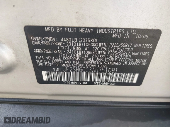 2010 Subaru Forester X Premium с VIN JF2SH6CC3AH751091, выставлен на аукционе IAAI как лот 42537003 с пробегом 155 534 миль миль и . История ставок и продаж доступна на DreamBid. Изображение 9.