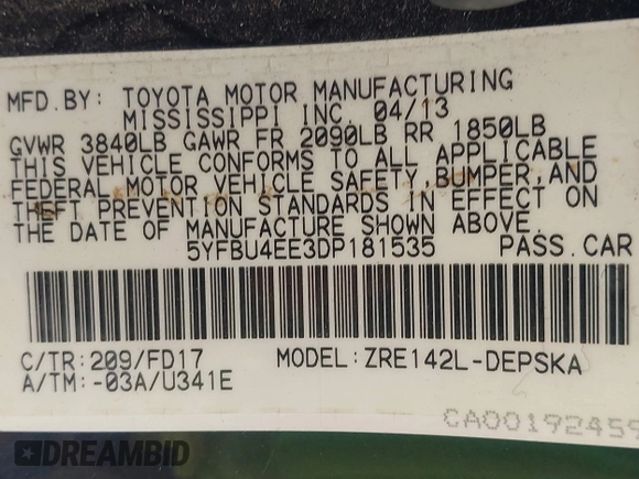 2013 Toyota Corolla L with VIN 5YFBU4EE3DP181535, listed as a IAAI auction lot 42174504 with 119,025 mi miles. Bid and sale history available at carsss.com. Image 9.