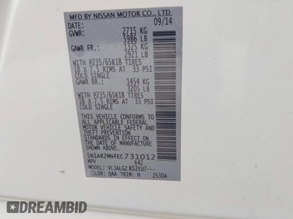 2014 Nissan Pathfinder Platinum with VIN 5N1AR2MN4EC731012, listed as a IAAI auction lot 42220965 with 170,000 mi miles and . Bid and sale history available at DreamBid. Image 9.