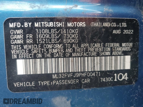 2023 Mitsubishi Mirage SE z VIN ML32FVFJ9PHF00471, wystawiony jako Copart lot #49424495 z przebiegiem 66 570 mil mil oraz Szkoda całkowita • Salvage title. Historia ofert i sprzedaży dostępna na DreamBid. Obrazek 14.