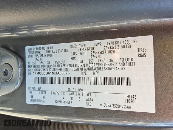 2021 Ford Escape SE with VIN 1FMCU0G61MUA68376, listed as a Copart auction lot 51506565 with 108,961 mi miles and Clean Title. Bid and sale history available at carsss.com. Image 13.