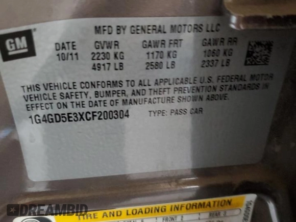 2012 Buick LaCrosse Premium 1 with VIN 1G4GD5E3XCF200304, listed as a Copart auction lot 64322365 with 157,259 mi miles and Salvage title. Bid and sale history available at DreamBid. Image 12.