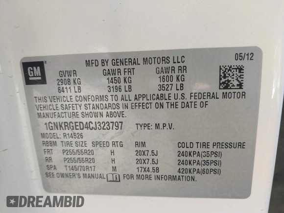 2012 Chevrolet Traverse 1LT with VIN 1GNKRGED4CJ323797, listed as a IAAI auction lot 41267339 with 142,463 mi miles and . Bid and sale history available at DreamBid. Image 9.