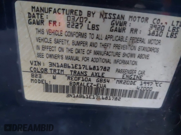2007 Nissan Sentra 2.0 with VIN 3N1AB61E17L681782, listed as a IAAI auction lot 41247548 with 206,220 mi miles and . Bid and sale history available at DreamBid. Image 9.