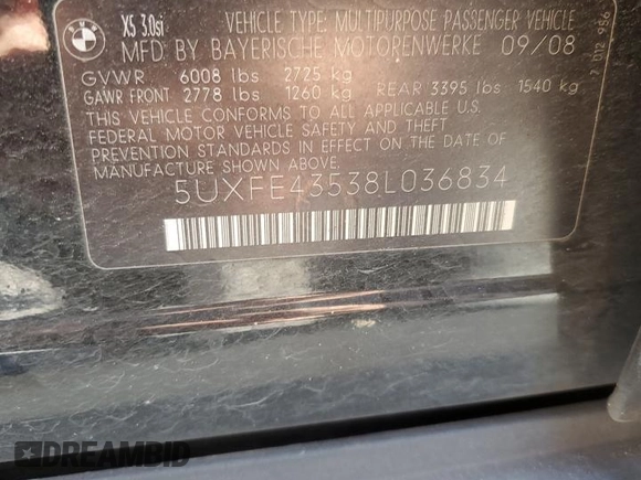 2008 BMW X5 3.0si with VIN 5UXFE43538L036834, listed as a Copart auction lot 46236665 with 203,054 mi miles and Clean Title. Bid and sale history available at carsss.com. Image 13.