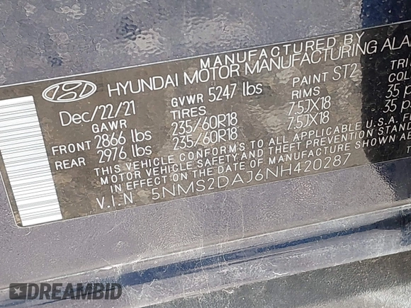 2022 Hyundai Santa Fe SEL with VIN 5NMS2DAJ6NH420287, listed as a IAAI auction lot 41962266 with 18,098 mi miles. Bid and sale history available at carsss.com. Image 9.
