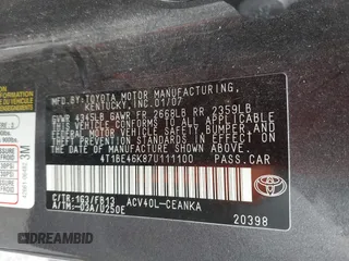 2007 Toyota Camry CE z VIN 4T1BE46K87U111100, wystawiony jako IAAI lot #42465375 z przebiegiem 162 703 mil mil oraz . Historia ofert i sprzedaży dostępna na DreamBid. Obrazek 9.