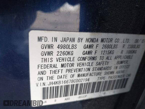 2008 Acura RL Tech Pkg with VIN JH4KB16678C002194, listed as a IAAI auction lot 41859182 with 1 mi miles. Bid and sale history available at carsss.com. Image 9.