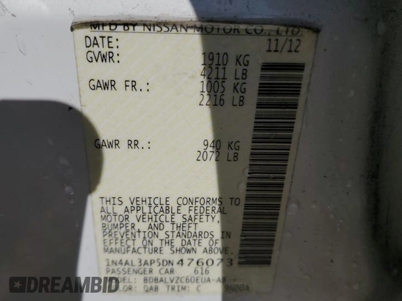 2013 Nissan Altima SL with VIN 1N4AL3AP5DN476073, listed as a Copart auction lot 52778465 with 210,881 mi miles and Salvage title. Bid and sale history available at DreamBid. Image 15.