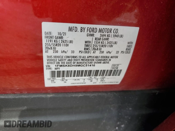 2021 Ford Explorer XLT with VIN 1FMSK8DH9MGC51416, listed as a Copart auction lot 46912555 with 34,271 mi miles and Salvage Title. Bid and sale history available at DreamBid. Image 15.