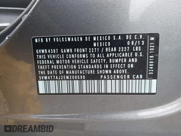 2014 Volkswagen Jetta GLI z VIN 3VW4T7AJ2EM208598, wystawiony jako IAAI lot #42381855 z przebiegiem 82 761 mil mil oraz . Historia ofert i sprzedaży dostępna na DreamBid. Obrazek 9.