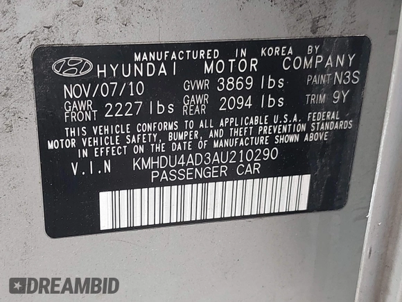 2010 Hyundai Elantra GLS with VIN KMHDU4AD3AU210290, listed as a IAAI auction lot 42362937 with 78,185 mi miles and . Bid and sale history available at DreamBid. Image 9.