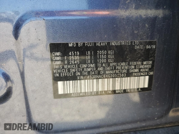 2016 Subaru Legacy Premium with VIN 4S3BNAC6XG3052583, listed as a Copart auction lot 62487485 with 147,559 mi miles and Salvage title. Bid and sale history available at DreamBid. Image 12.