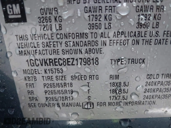 2014 Chevrolet Silverado 1500 LT with VIN 1GCVKREC8EZ179818, listed as a IAAI auction lot 41912365 with 57,167 mi miles. Bid and sale history available at carsss.com. Image 9.