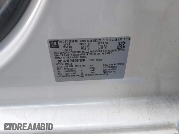 2014 GMC Sierra 1500 SLT with VIN 3GTU2VEC5EG548784, listed as a IAAI auction lot 42156738 with 118,809 mi miles and . Bid and sale history available at DreamBid. Image 9.