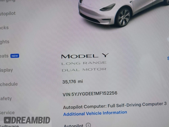 2021 Tesla Model Y Long Range with VIN 5YJYGDEE1MF152256, listed as a IAAI auction lot 42004769 with 35,176 mi miles. Bid and sale history available at carsss.com. Image 7.