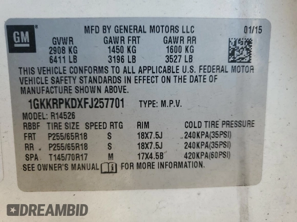 2015 GMC Acadia SLE with VIN 1GKKRPKDXFJ257701, listed as a Copart auction lot 82706504 with Not Provided miles and Salvage Title. Bid and sale history available at carsss.com. Image 13.